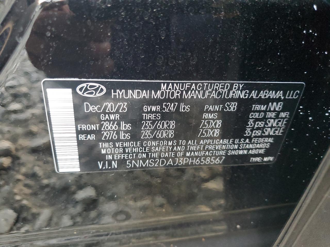 2023 HYUNDAI SANTA FE SEL VIN:5NMS2DAJ3PH658567