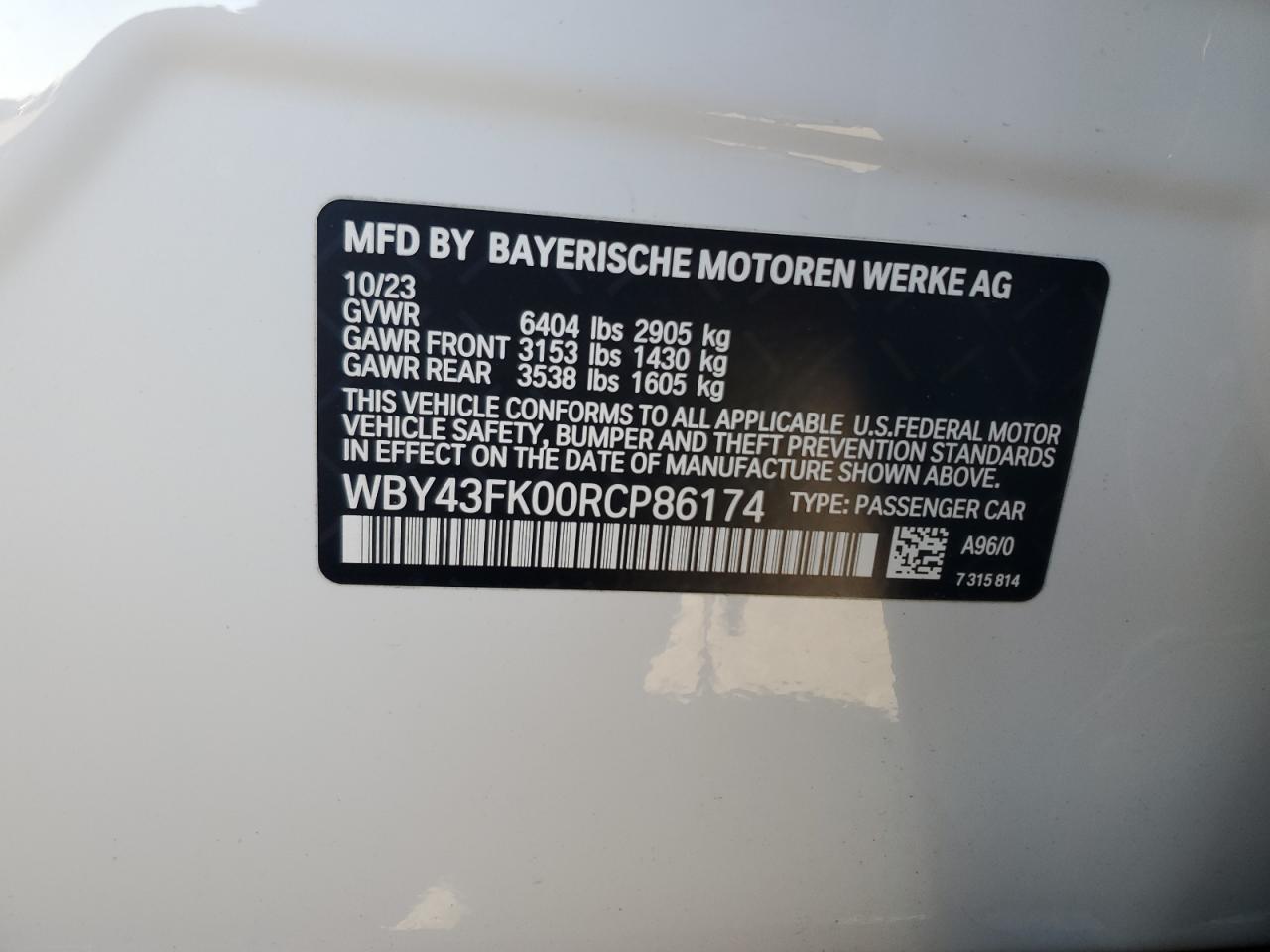 2024 BMW I5 M60 VIN:WBY43FK00RCP86174