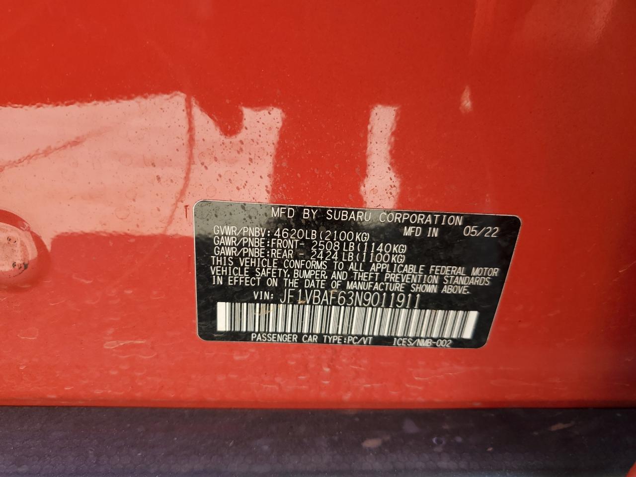 2022 SUBARU WRX PREMIUM VIN:JF1VBAF63N9011911