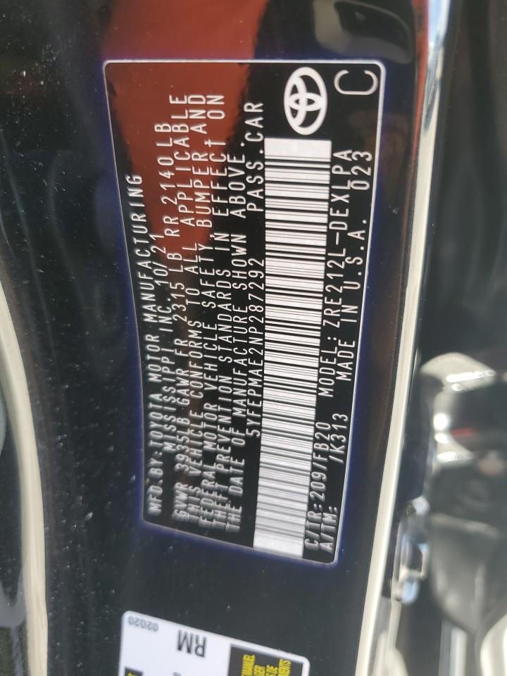 2022 TOYOTA COROLLA LE VIN:5YFEPMAE2NP287292