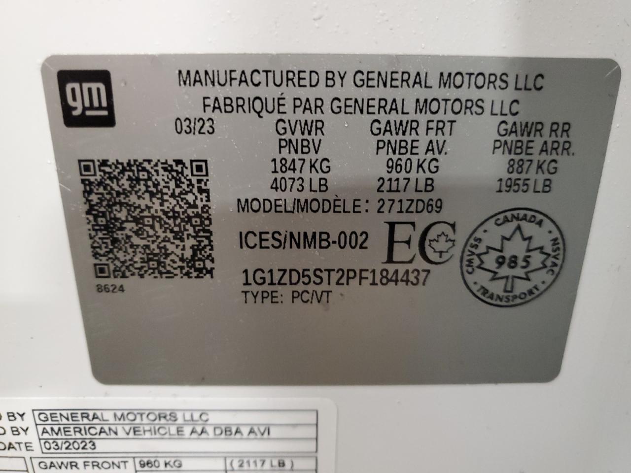 2023 CHEVROLET MALIBU LT VIN:1G1ZD5ST2PF184437