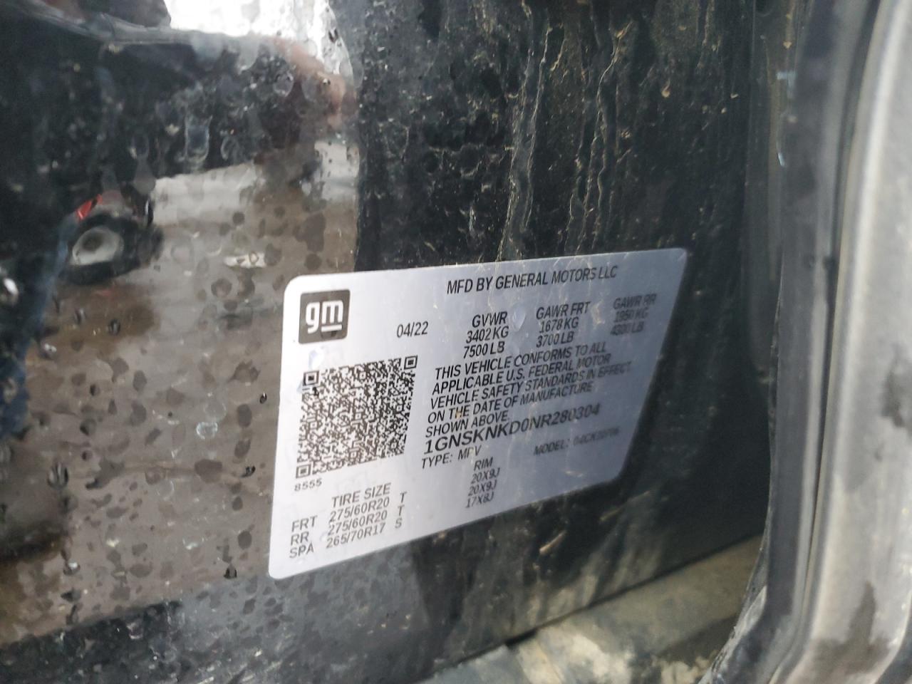 2022 CHEVROLET TAHOE K1500 LT VIN:1GNSKNKD0NR280304