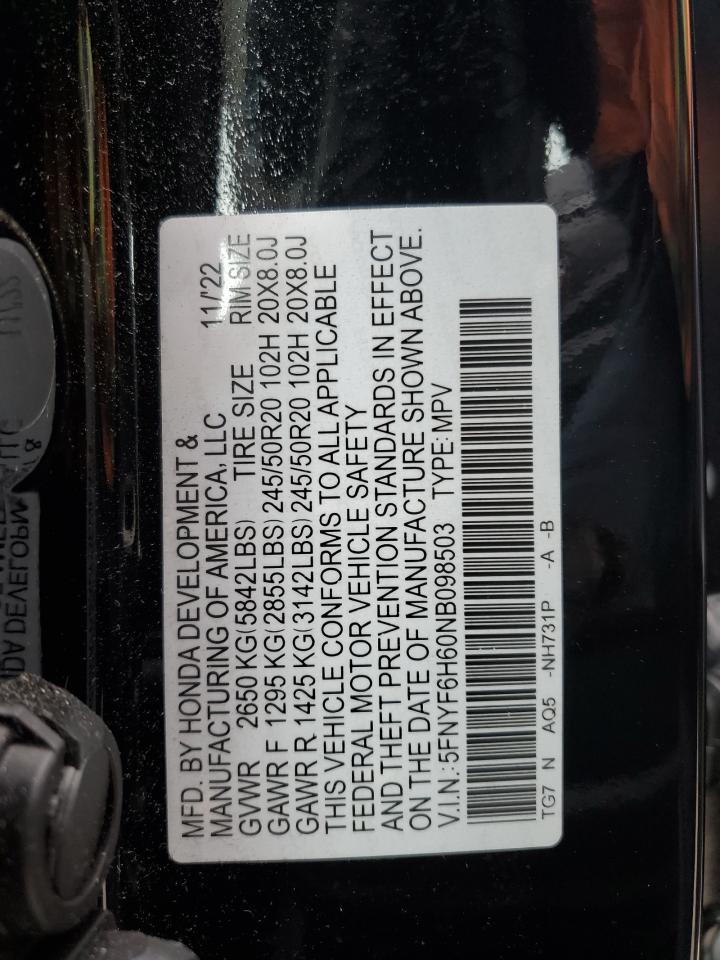2022 HONDA PILOT TOURING VIN:5FNYF6H60NB098503