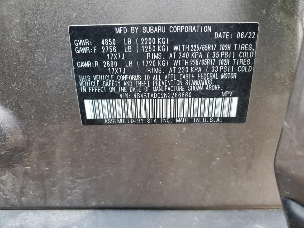 2022 SUBARU OUTBACK PREMIUM VIN:4S4BTADC2N3266860