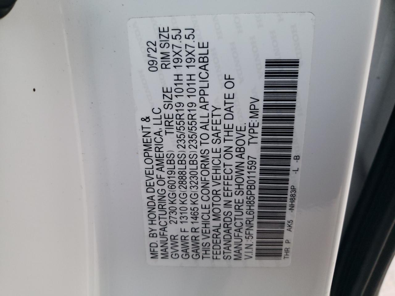 2023 HONDA ODYSSEY TOURING VIN:5FNRL6H85PB011597