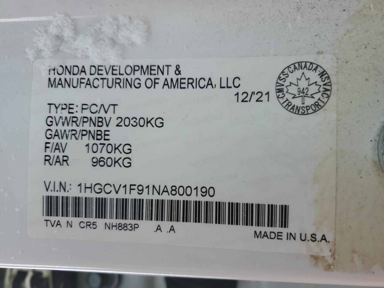 2022 HONDA ACCORD TOURING VIN:1HGCV1F91NA800190