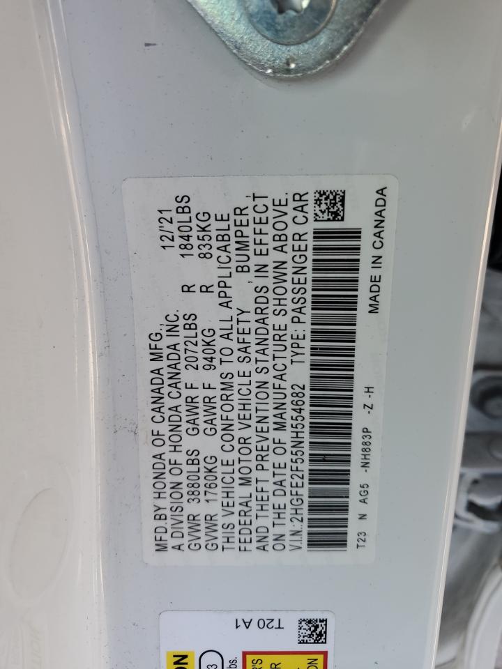 2022 HONDA CIVIC SPORT VIN:2HGFE2F55NH554682