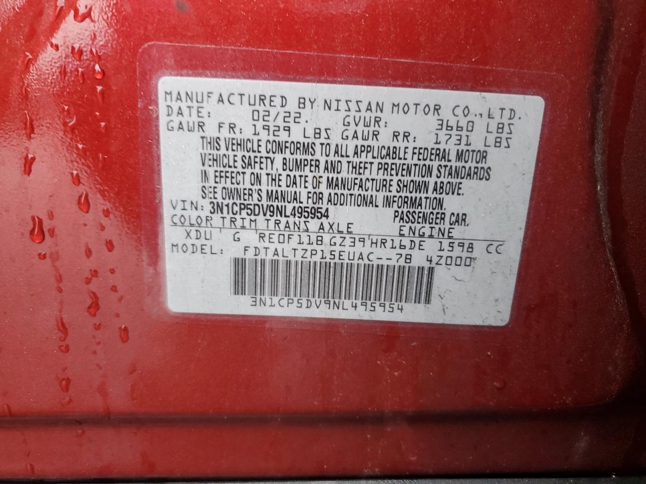 2022 NISSAN KICKS SR VIN:3N1CP5DV9NL495954