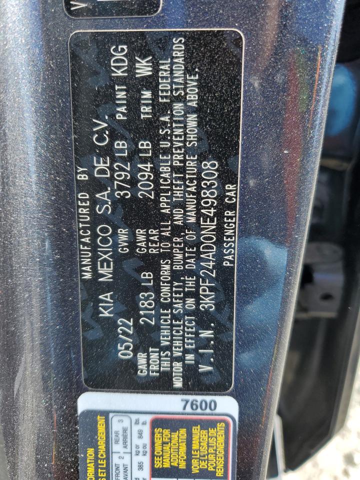 2022 KIA FORTE FE VIN:3KPF24AD0NE498308