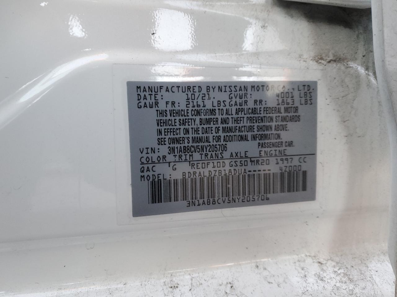 2022 NISSAN SENTRA SV VIN:3N1AB8CV5NY205706
