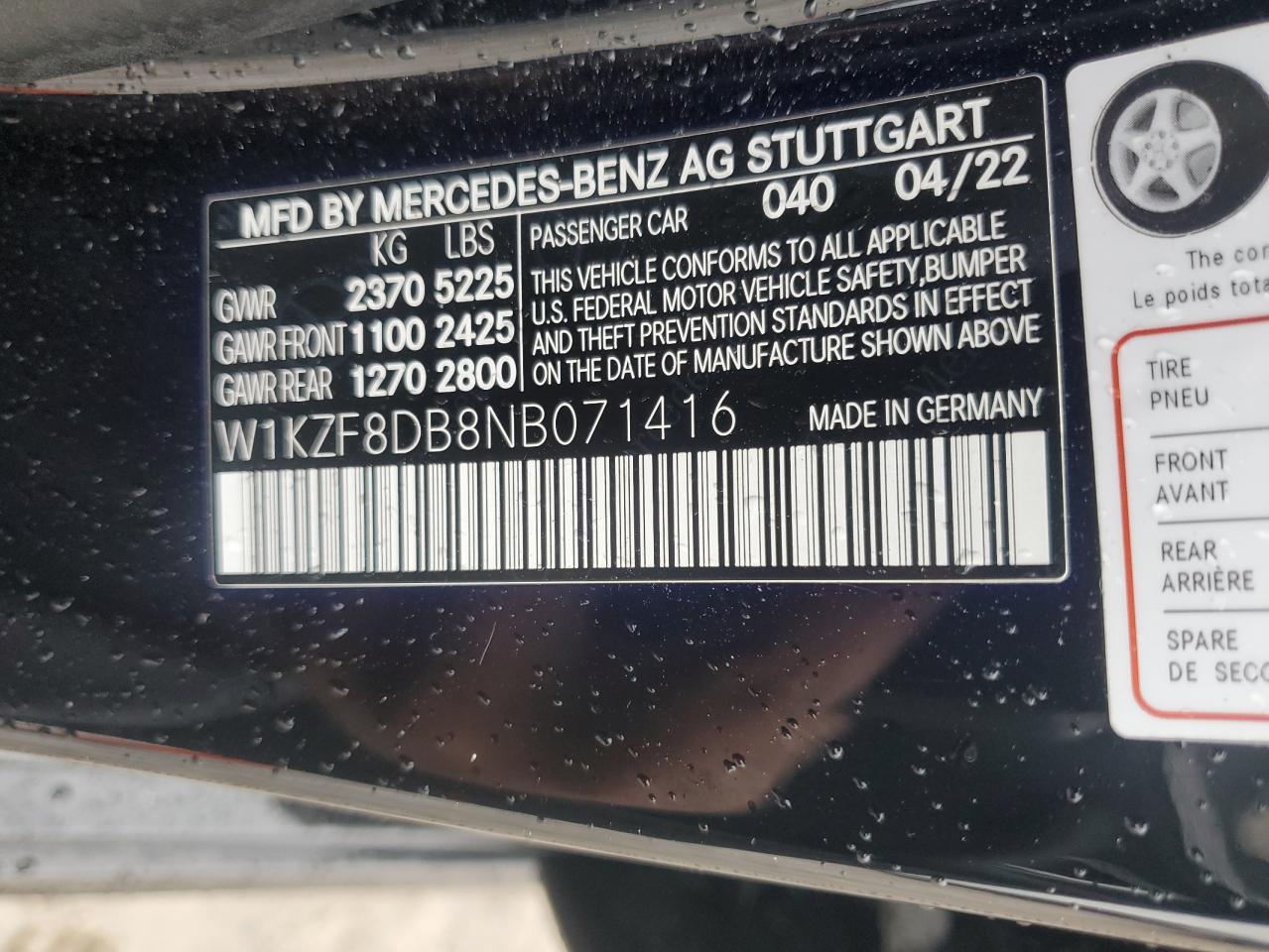 2022 MERCEDES-BENZ E 350 VIN:W1KZF8DB8NB071416
