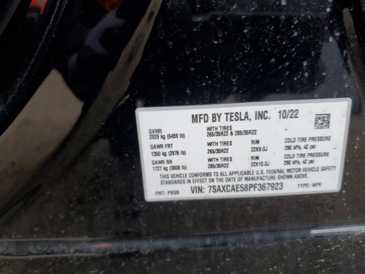2023 TESLA MODEL X  VIN:7SAXCAE58PF367923