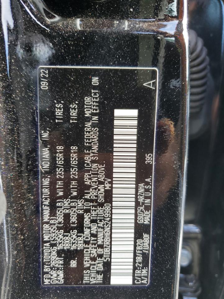 2022 TOYOTA HIGHLANDER L VIN:5TDBZRBH6NS249980