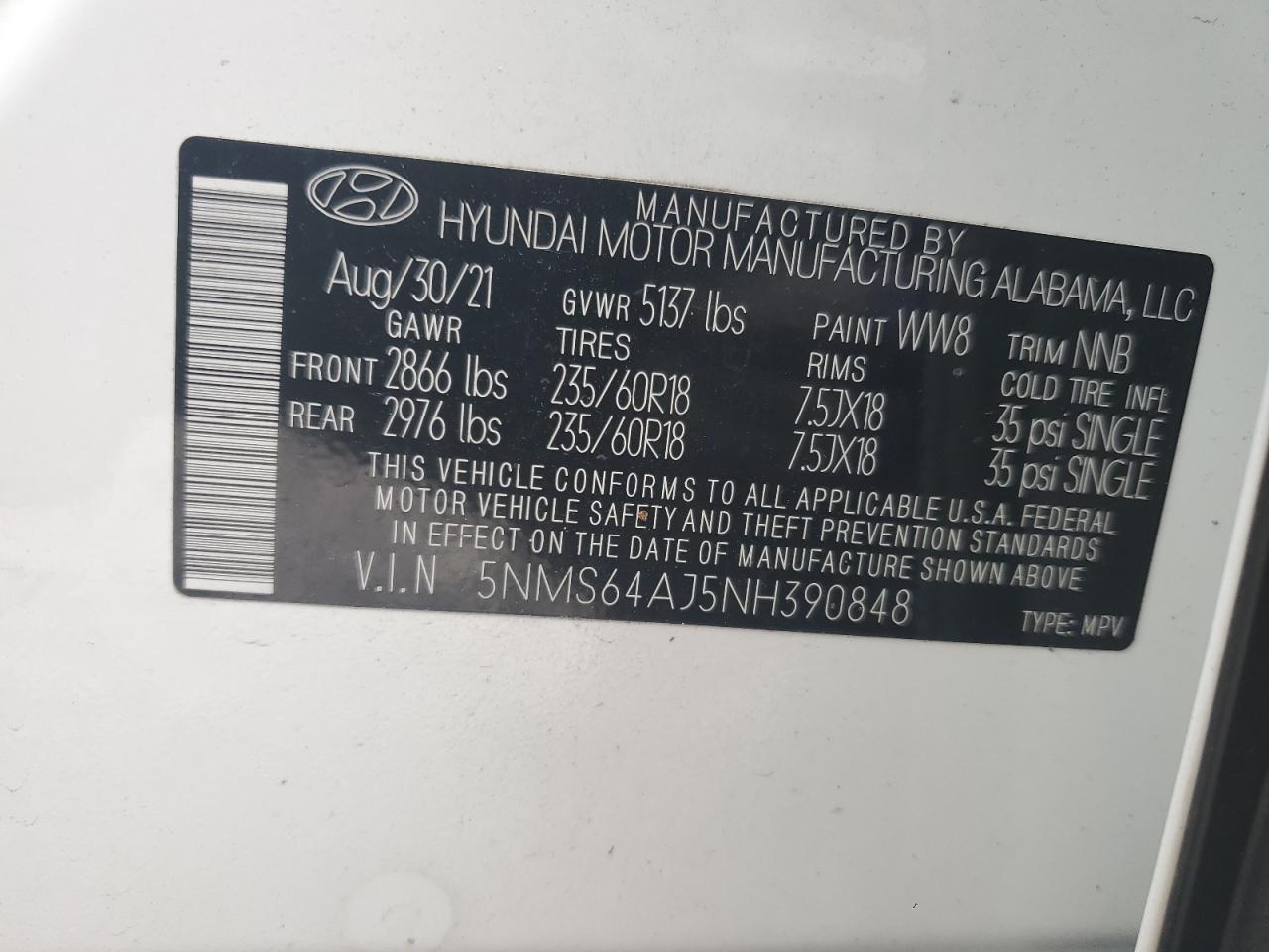 2022 HYUNDAI SANTA FE SEL VIN:5NMS64AJ5NH390848