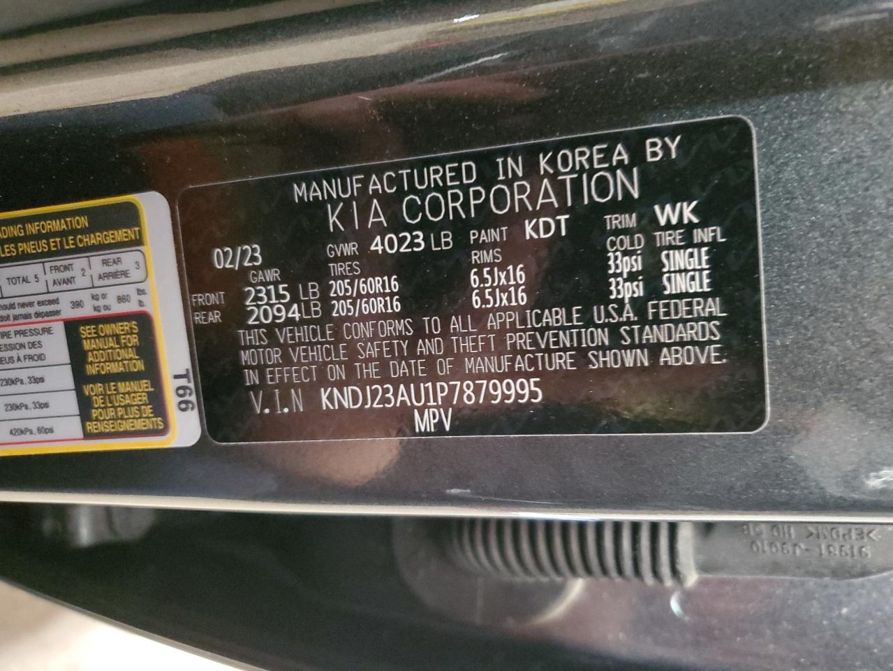 2023 KIA SOUL LX VIN:KNDJ23AU1P7879995