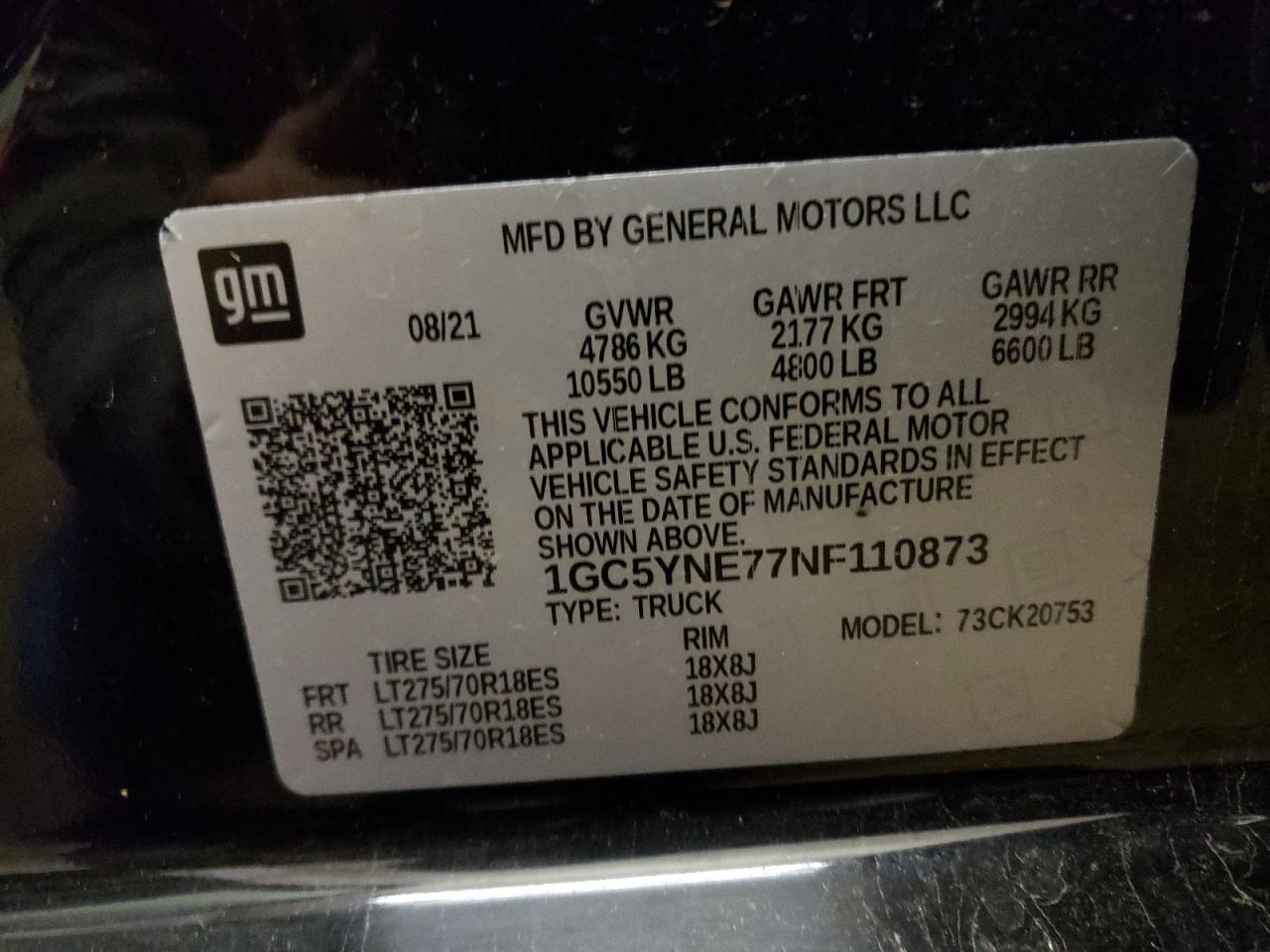 2022 CHEVROLET SILVERADO K2500 HEAVY DUTY LT VIN:1GC5YNE77NF110873