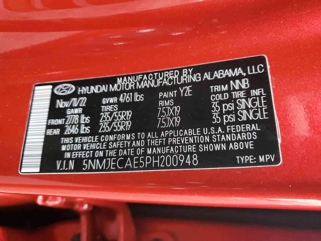 2023 HYUNDAI TUCSON LIMITED VIN:5NMJECAE5PH200948