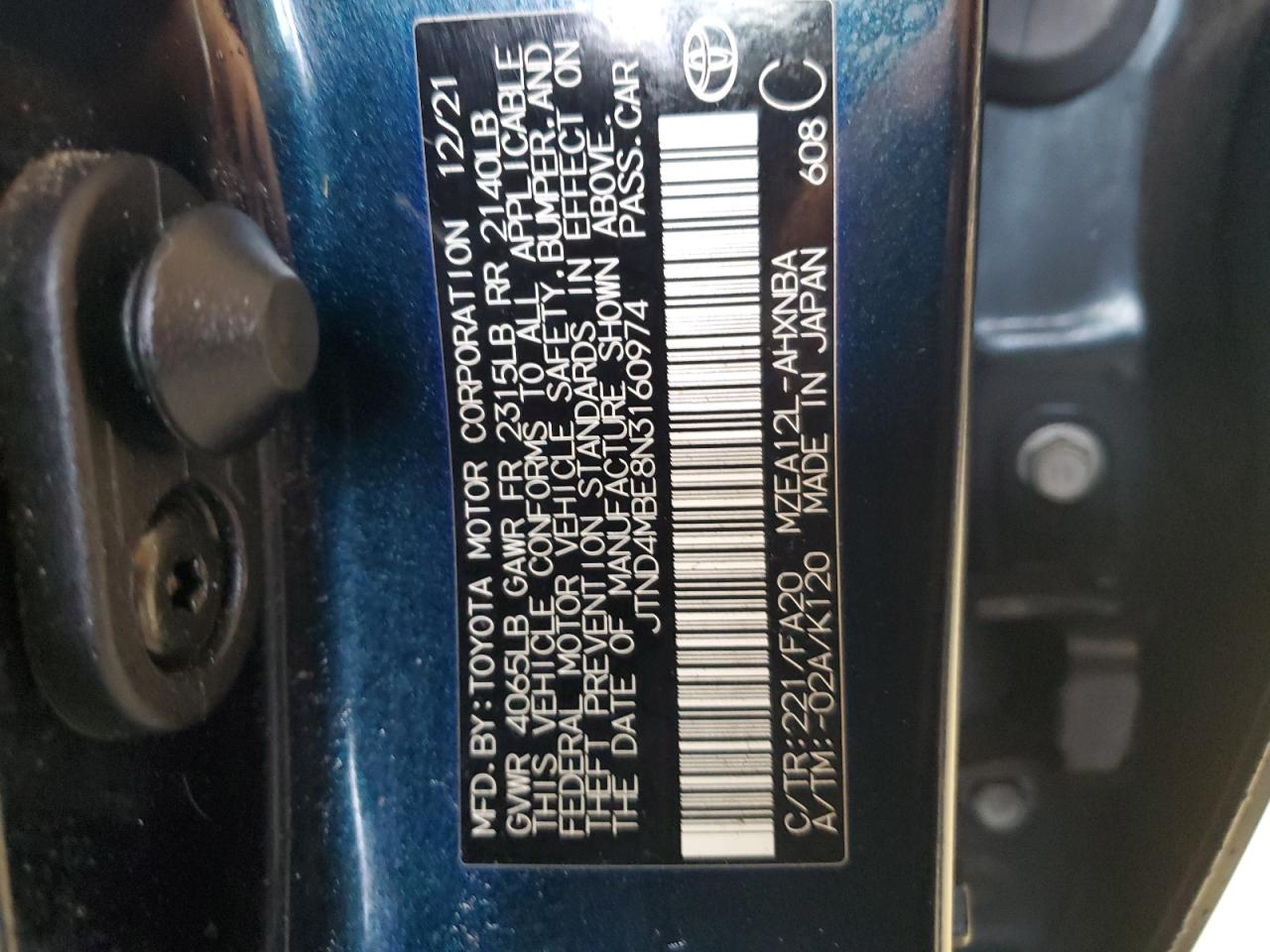 2022 TOYOTA COROLLA SE VIN:JTND4MBE8N3160974