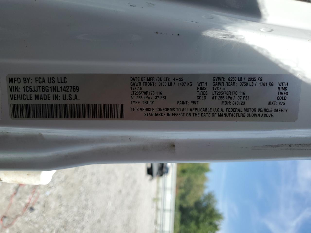 2022 JEEP GLADIATOR RUBICON VIN:1C6JJTBG1NL142769
