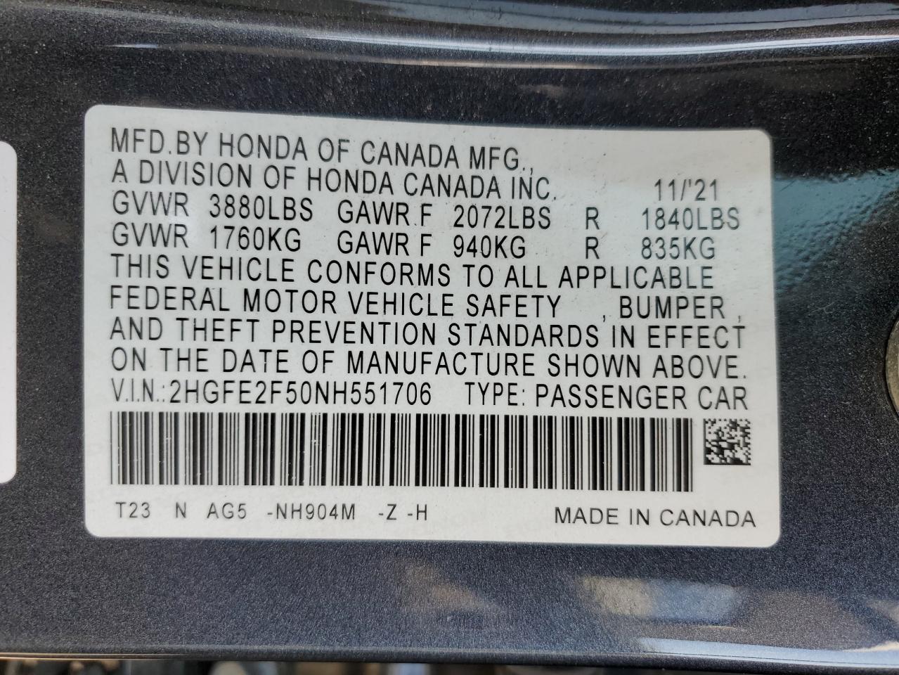 2022 HONDA CIVIC SPORT VIN:2HGFE2F50NH551706