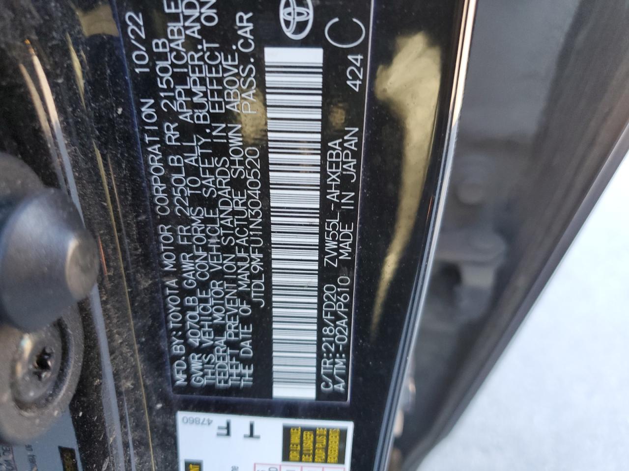 2022 TOYOTA PRIUS LE VIN:JTDL9MFU1N3040520