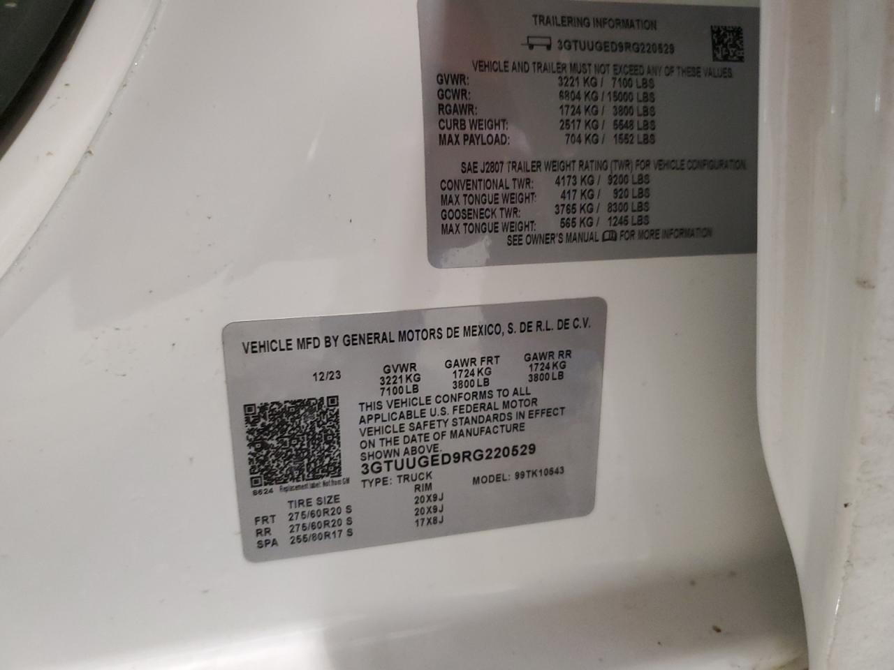 2024 GMC SIERRA K1500 DENALI VIN:3GTUUGED9RG220529