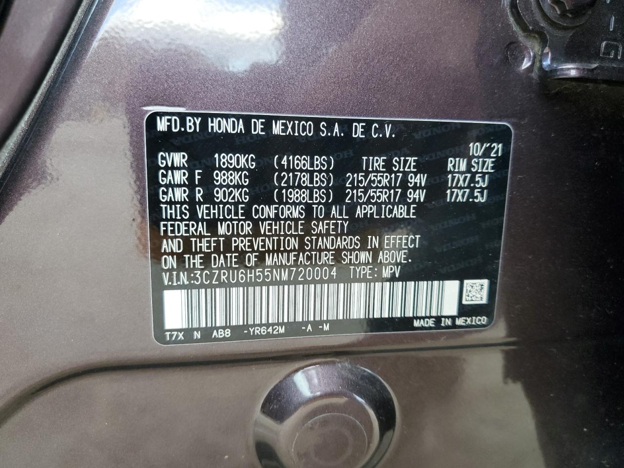 2022 HONDA HR-V EX VIN:3CZRU6H55NM720004