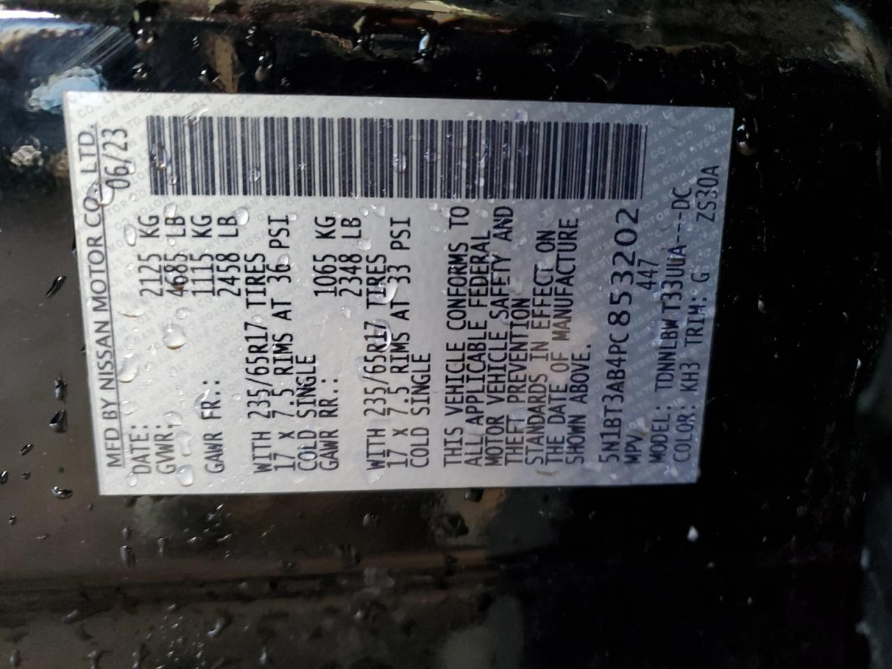 2023 NISSAN ROGUE S VIN:5N1BT3AB4PC853202