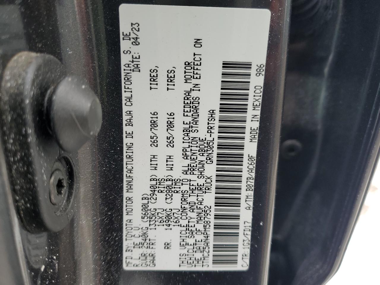 2023 TOYOTA TACOMA DOUBLE CAB VIN:3TMCZ5AN4PM587952