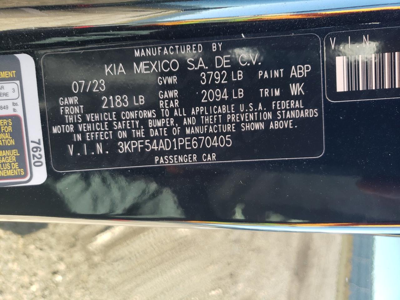 2023 KIA FORTE GT LINE VIN:1FTFX1EF1EFB73703