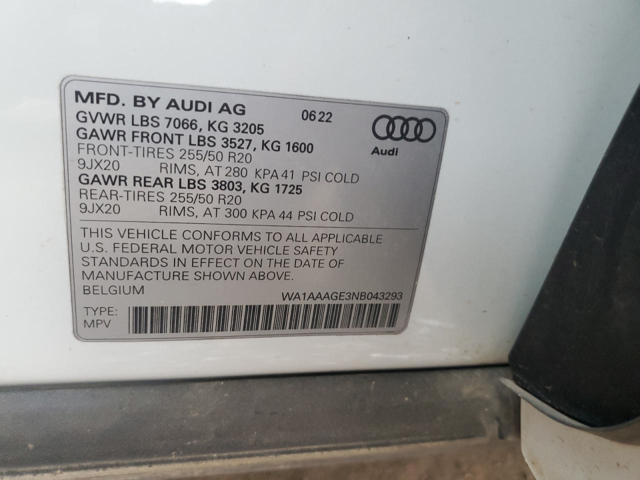 2022 AUDI E-TRON PREMIUM VIN:WA1AAAGE3NB043293