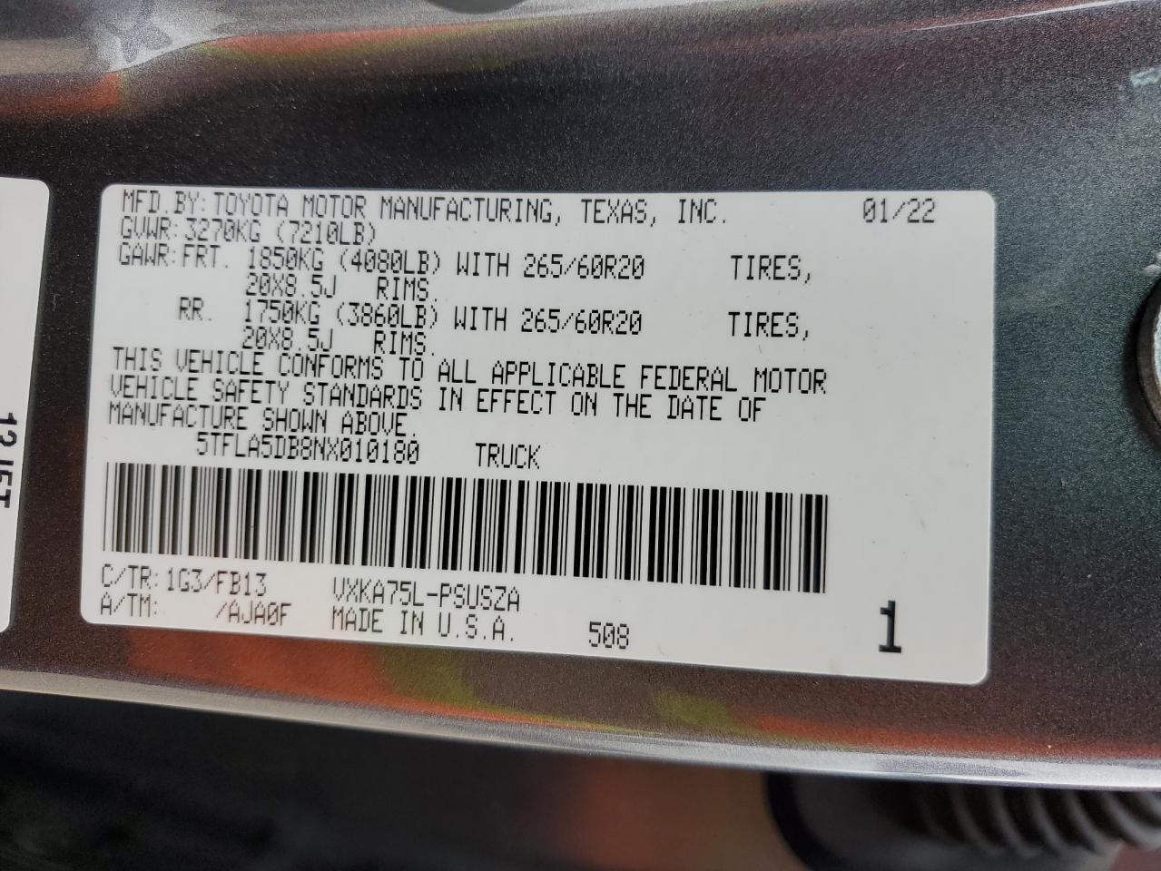 2022 TOYOTA TUNDRA CREWMAX SR VIN:1ZWFT61L1Y5638603