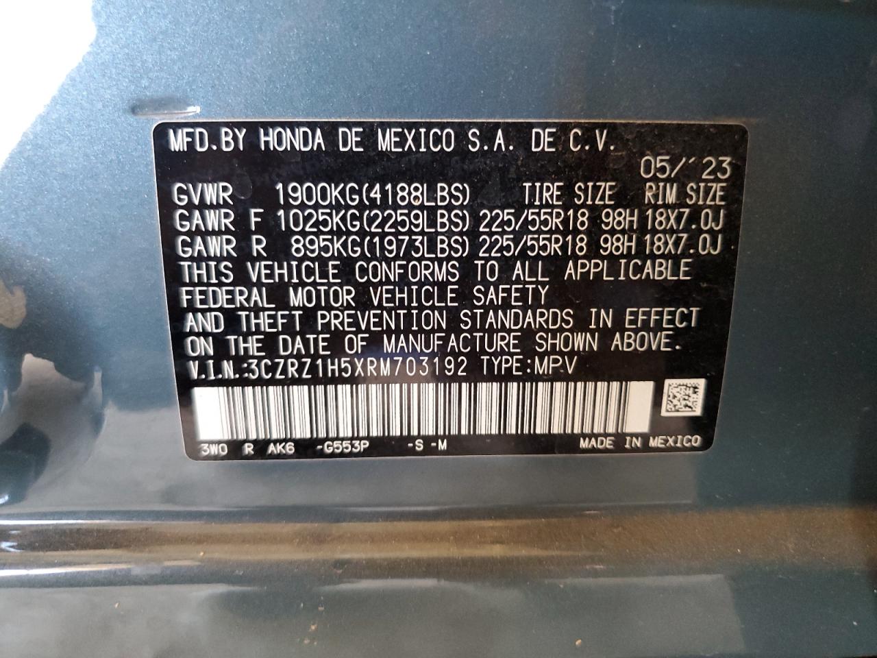 2024 HONDA HR-V SPORT VIN:3CZRZ1H5XRM703192