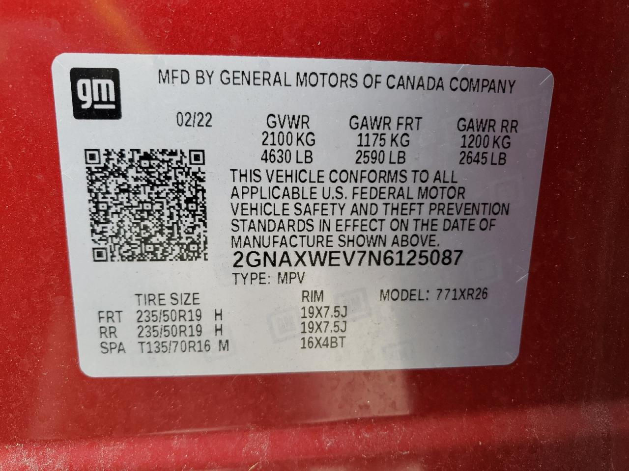 2022 CHEVROLET EQUINOX RS VIN:2GNAXWEV7N6125087