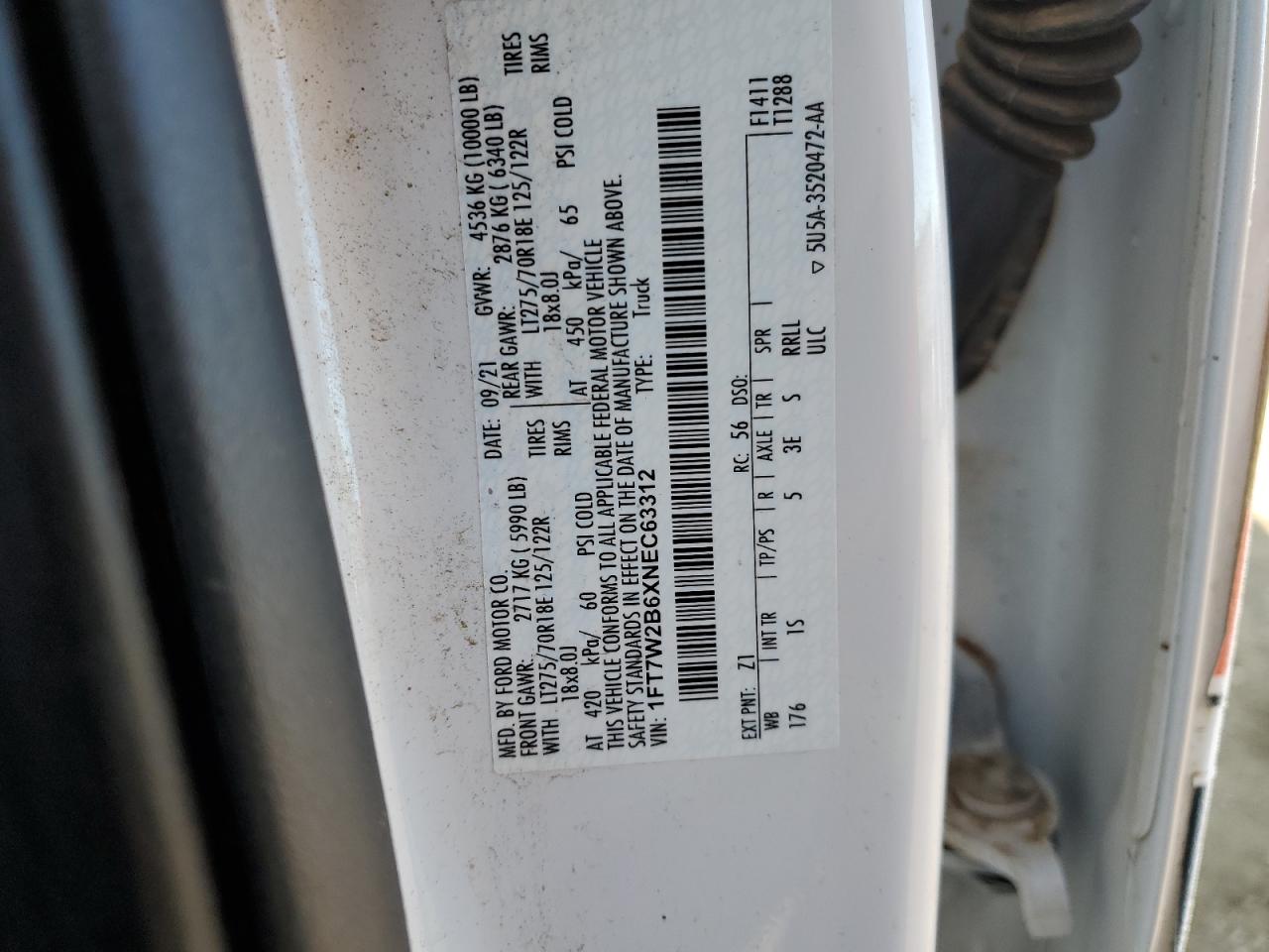 2022 FORD F250 SUPER DUTY VIN:1FT7W2B6XNEC63312