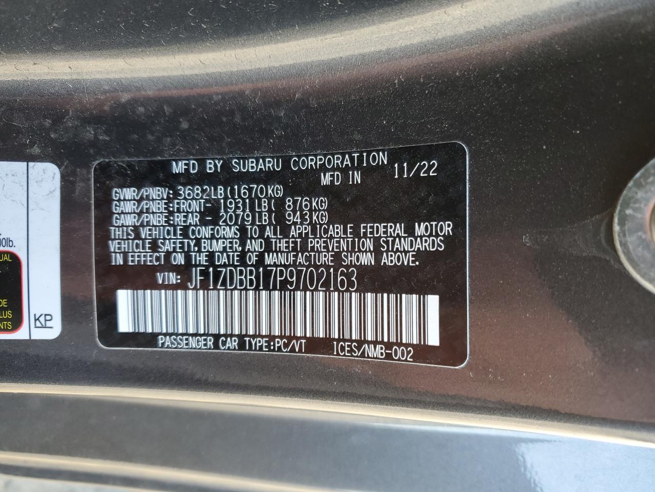 2023 SUBARU BRZ PREMIUM VIN:JF1ZDBB17P9702163