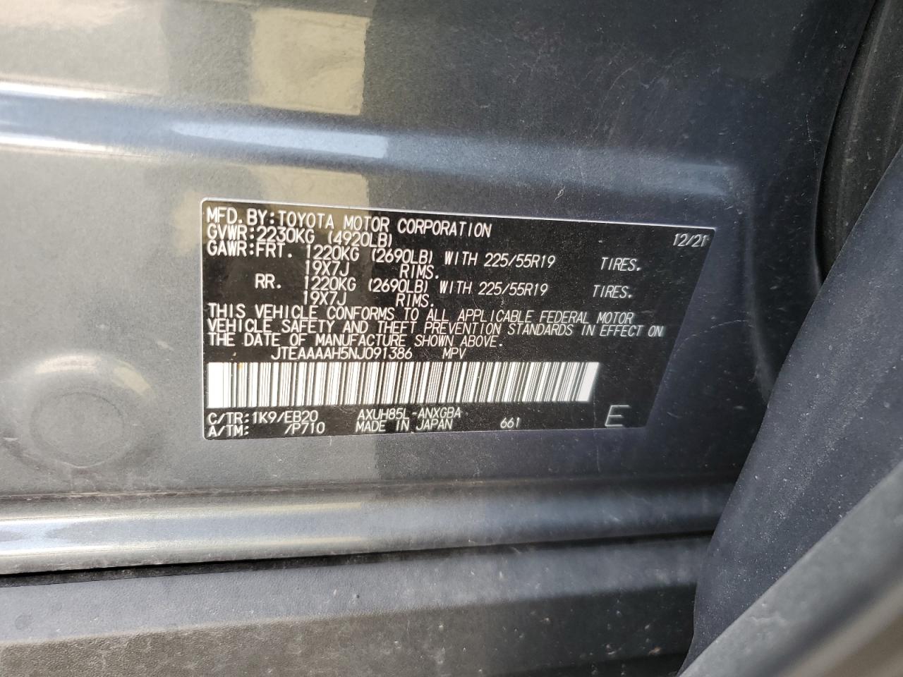 2022 TOYOTA VENZA LE VIN:JTEAAAAH5NJ091386