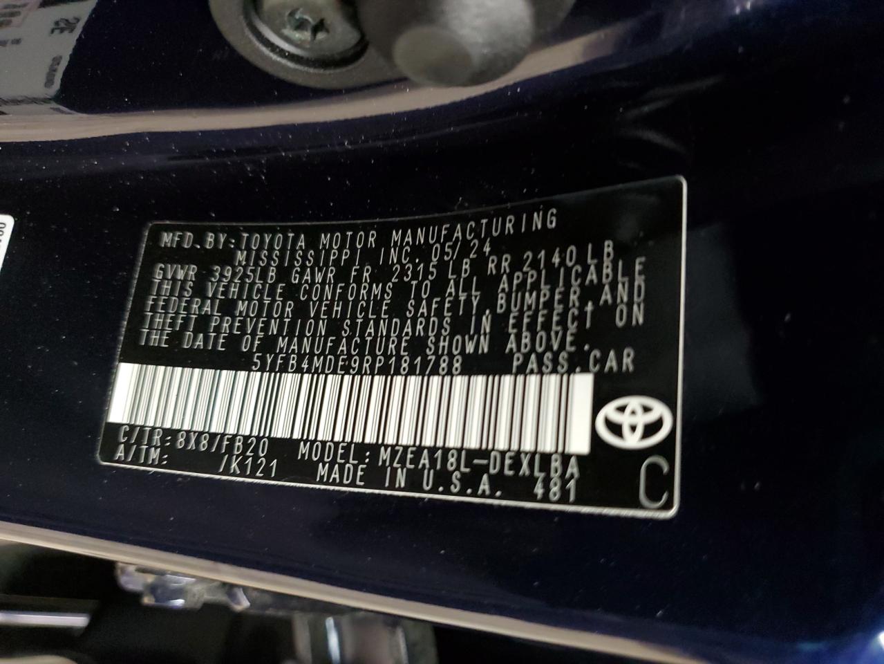 2024 TOYOTA COROLLA LE VIN:5YFB4MDE9RP181788