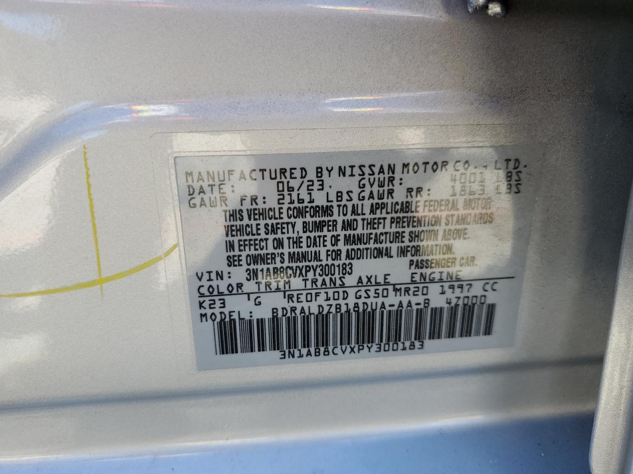 2023 NISSAN SENTRA SV VIN:3N1AB8CVXPY300183