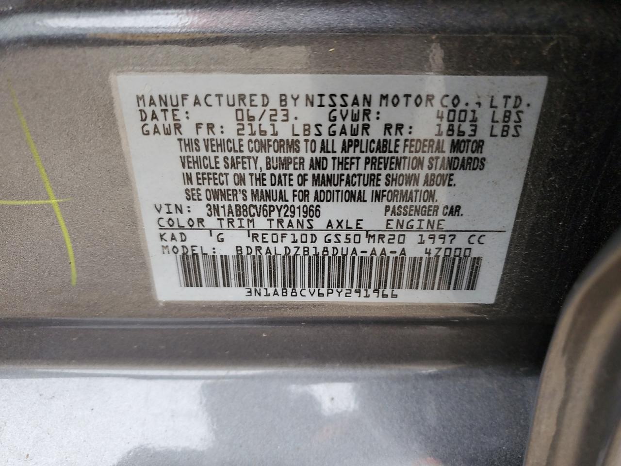 2023 NISSAN SENTRA SV VIN:3N1AB8CV6PY291966