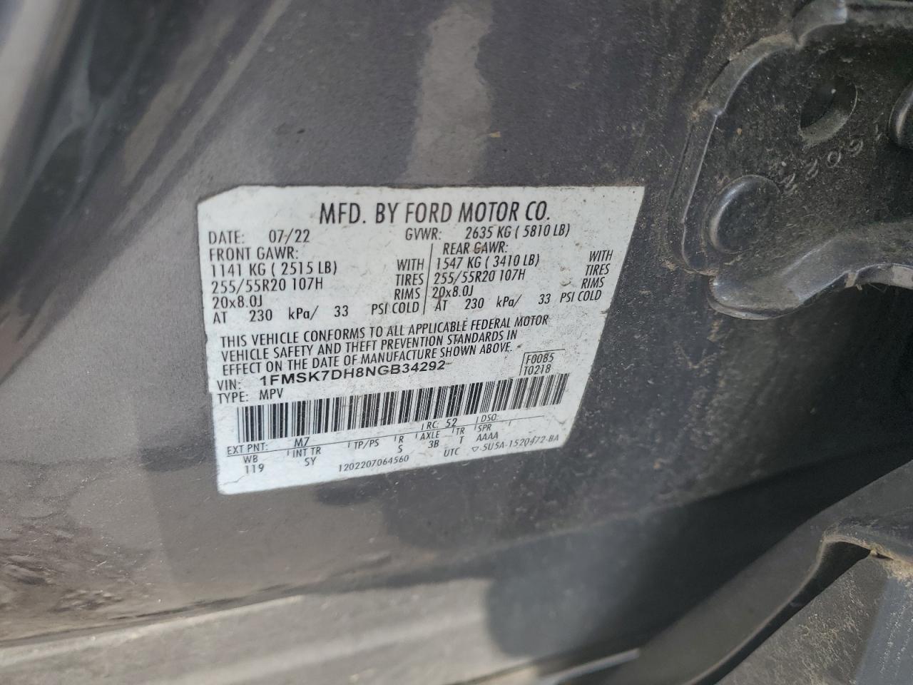 2022 FORD EXPLORER XLT VIN:1FMSK7DH8NGB34292