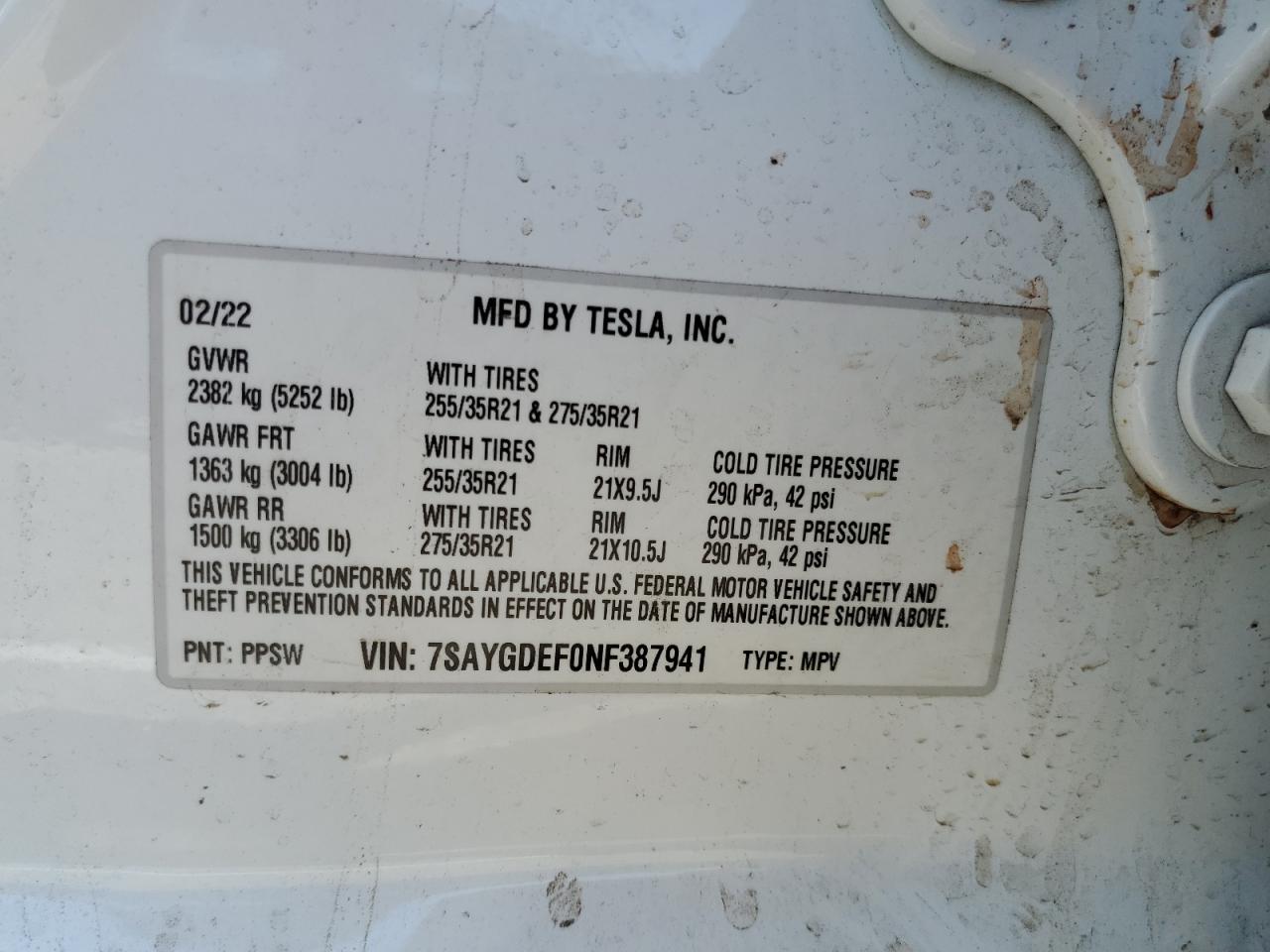 2022 TESLA MODEL Y  VIN:WP0AA2A8XNS255297