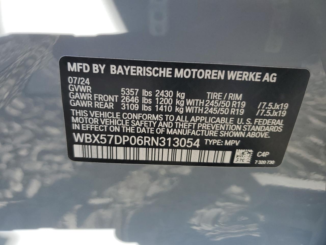 2024 BMW X3 XDRIVE30I VIN:WBX57DP06RN313054