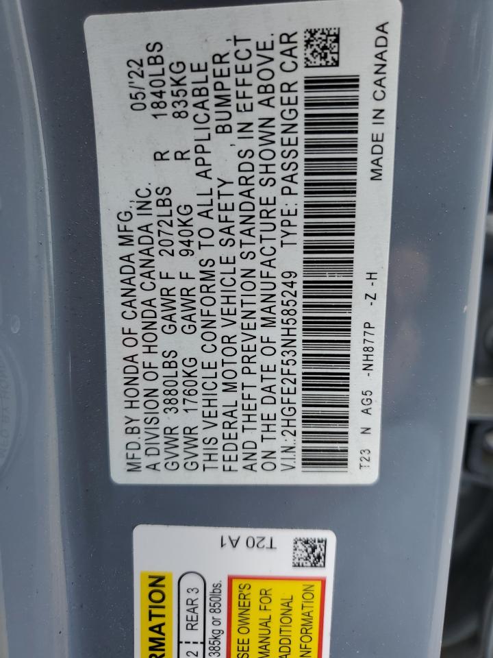 2022 HONDA CIVIC SPORT VIN:2HGFE2F53NH585249