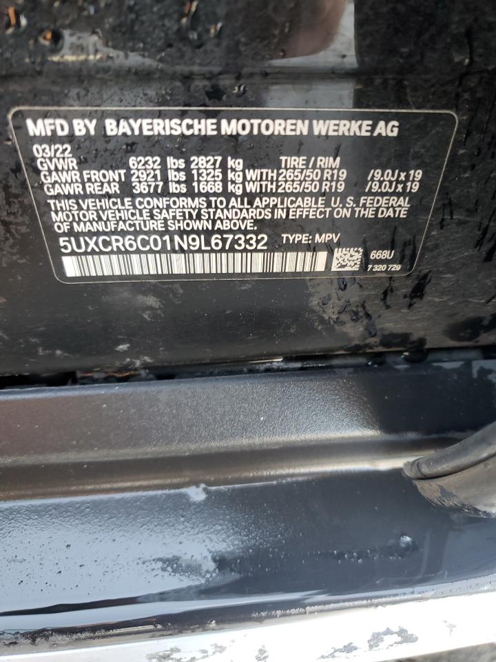 2022 BMW X5 XDRIVE40I VIN:5UXCR6C01N9L67332