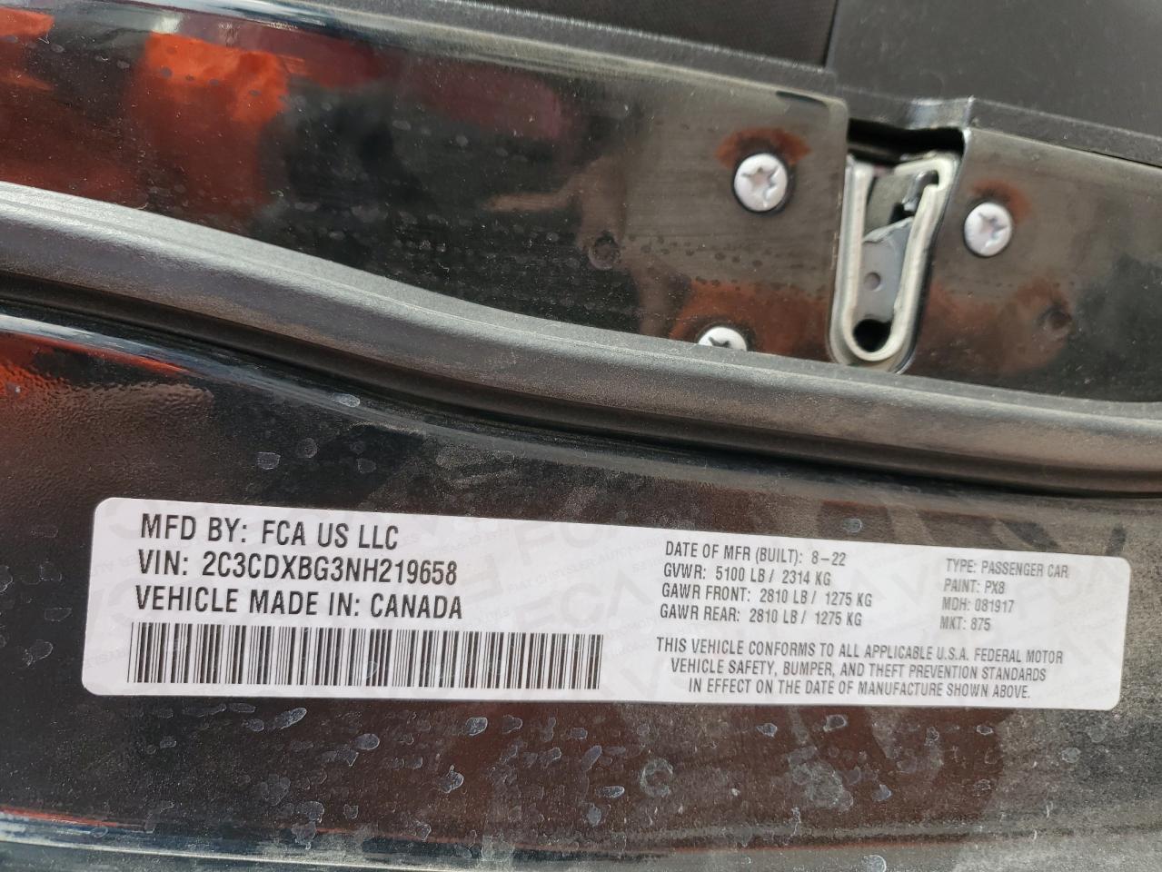 2022 DODGE CHARGER SXT VIN:2C3CDXBG3NH219658