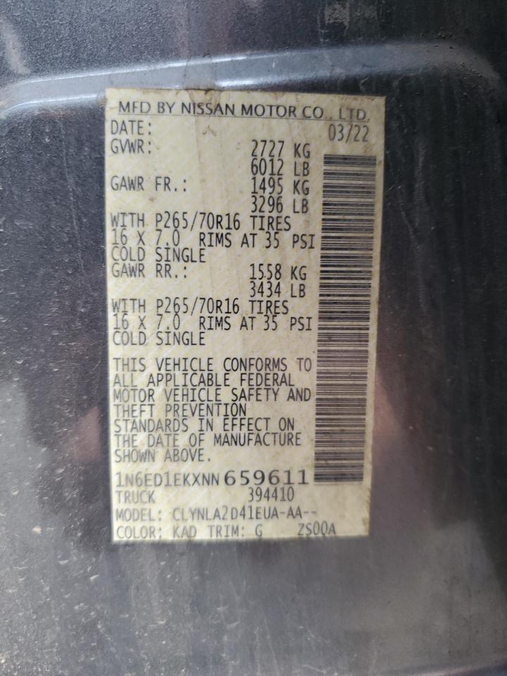 2022 NISSAN FRONTIER S VIN:1N6ED1EKXNN659611