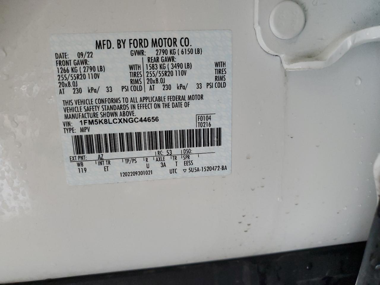 2022 FORD EXPLORER KING RANCH VIN:1FM5K8LCXNGC44656