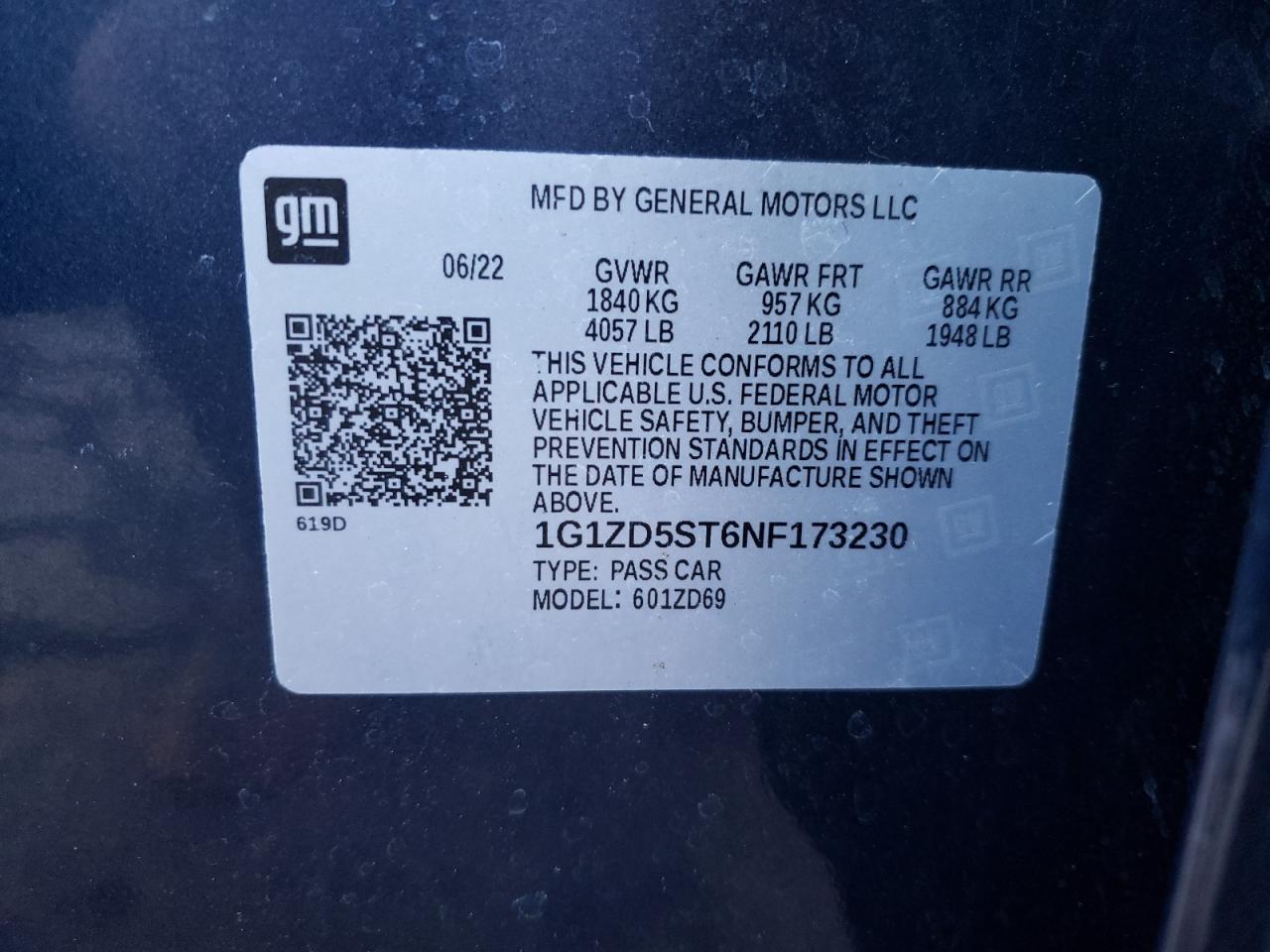 2022 CHEVROLET MALIBU LT VIN:1G1ZD5ST6NF173230