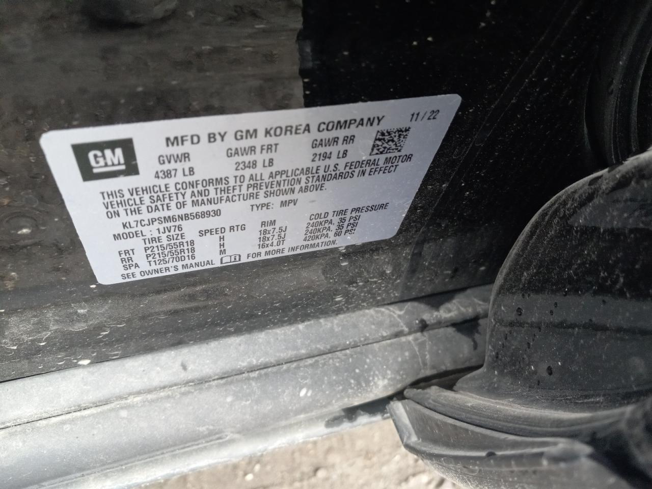 2022 CHEVROLET TRAX 1LT VIN:KL7CJPSM6NB568930